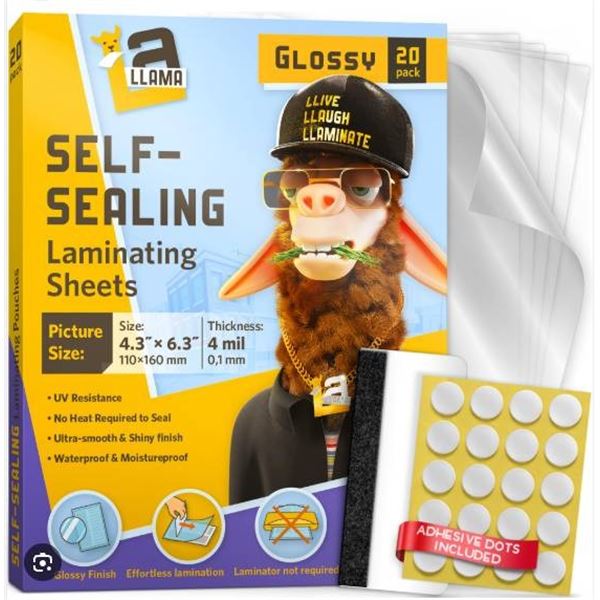 Llama Self-Sealing Laminating Sheets 20 Packs 4.3 x 6.3 Inches Glossy