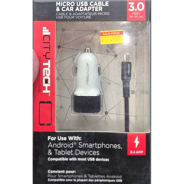 CityTech Micro USB Cable and Car Adapter, 3 Feet, 3.4 Amp