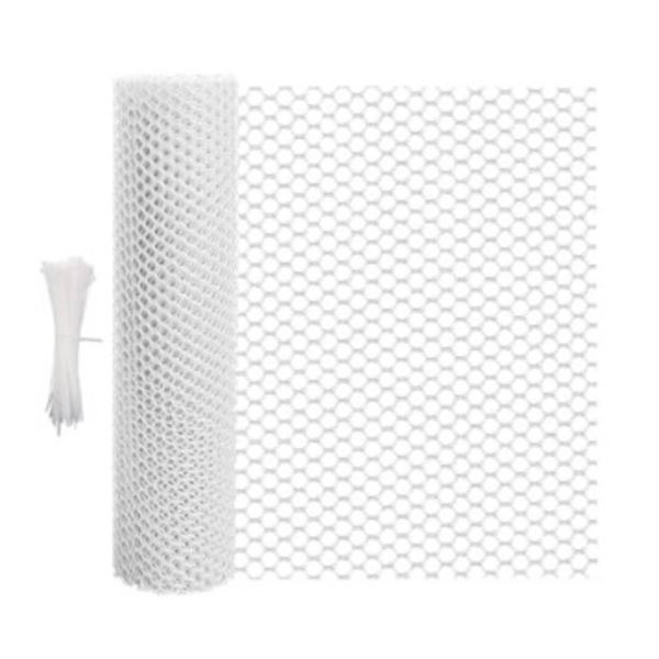 Plastic Wire Mesh Fence Roll, 15.7in x 16.4ft, With Zip Ties, White