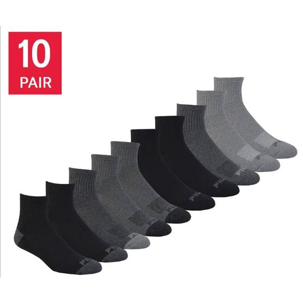 Fila Men's Socks, 10-Pack, Cotton Blend, Size 7-12, Black and Gray