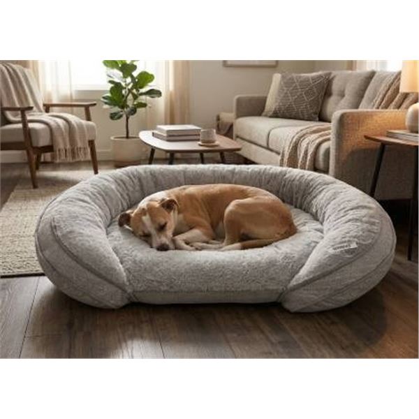 Gray Oval-Shaped Pet Bed With Plush Lining
