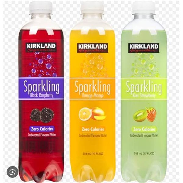 Bottles of Kirkland Signature Sparkling Water in assorted flavors. 24X500 ml