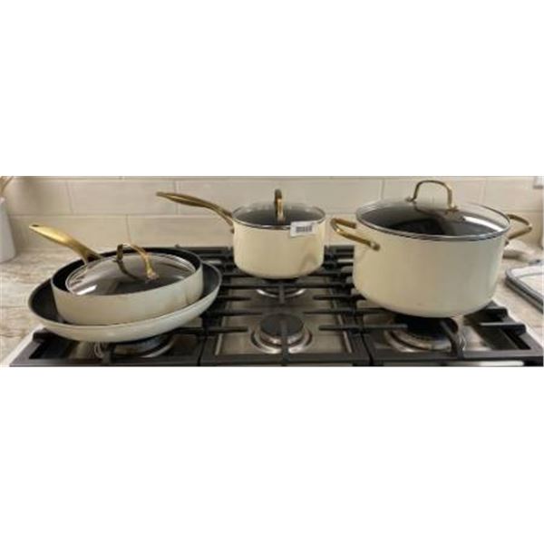 Ceramic Coated Cookware with Gold-Tone Handles and Glass Lids