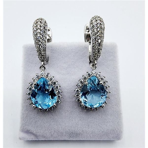 Sterling Silver Natural Blue Topaz (8.18ct) with CZ (1ct) Dangling Earrings, Retail $1200.00.