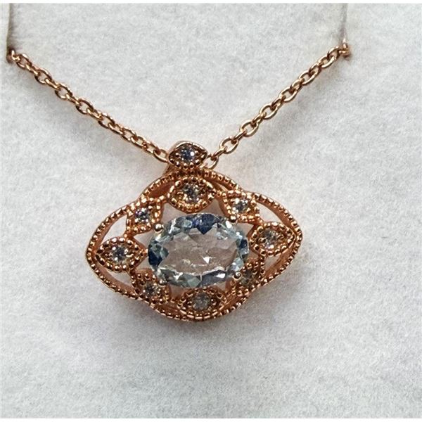 Rose Gold Plated Sterling Silver Natural Aquamarine and CZ with Gold Plated Sterling Silver Chain, R