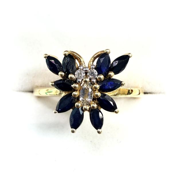 Gold Plated Sterling Silver Natural Blue Sapphire (1.35ct) with White Topaz (0.17ct) Ring, Size 5.25