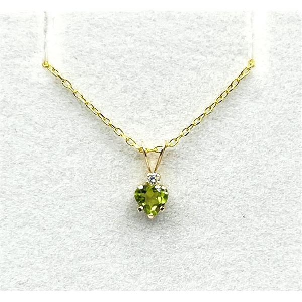 10KT Yellow Gold Natural Peridot Heart Shape Pendant with Gold Plated Sterling Silver Chain, Retail 