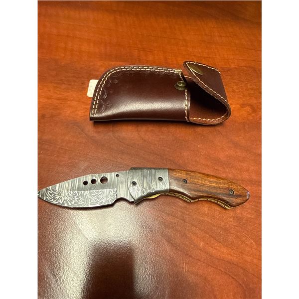 Damascus Steel Folding Knife With Wooden Handle and Leather Sheath