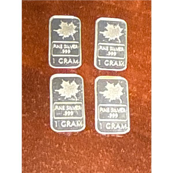 Four 1 Gram .999 Fine Silver Bars Featuring Maple Leaf Design