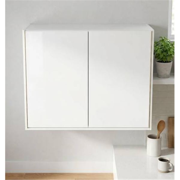 White Two-Door Storage Cabinet With Hinged Doors And Shelves