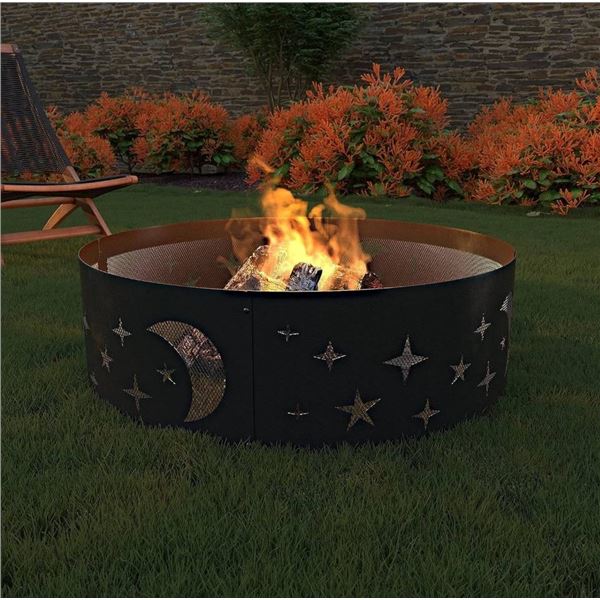 Amazon Basics Outdoor Round Steel Fire Ring - Star and Moon Design, 36-Inch
