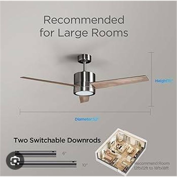 VAGIZM 52 Inch DC Motor Ceiling Fan with LED Light and 6 Speeds