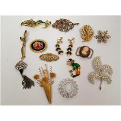 12 Brooches Some Vintage & Signed Pair Earrings