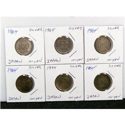 6 1964 Japanese 100 Yen Coins 50% Silver