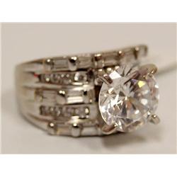 Sterling Ring W/3ctw Center Stone & Triple Baguet