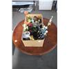 Image 1 : Wooden round table w/ miscellaneous trophies items