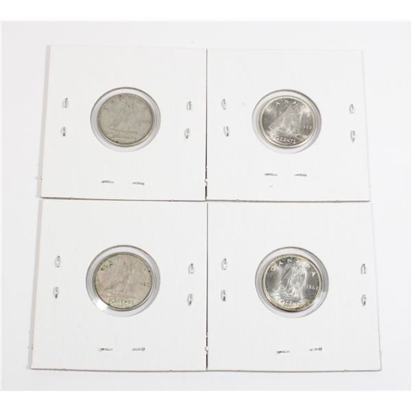 #46 1962 Canada 10 Cent Silver Dime Lot of 4