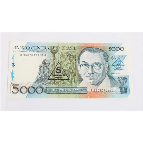 #82 1989 Brazil 5 Cruzados mark 500 Cruzeiros Bill