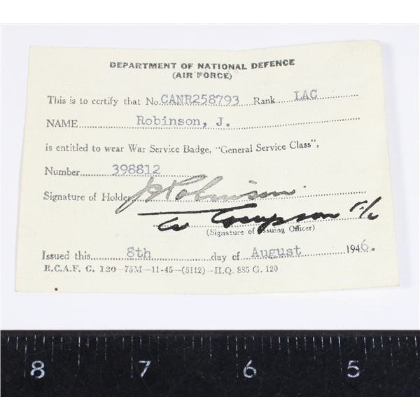 #131 WW2 Canadian War Service Badge Document