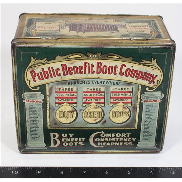 #844 Antique Public Benefit Boot Company Tin