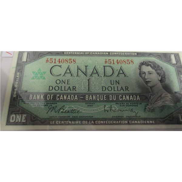 1967 CRISP UNCIRCULATED LEGAL TENDER CANADA CENTENNIAL $1 BILL