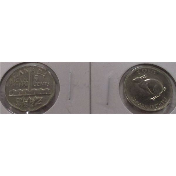 1751 SMOKE STACK, 1867-1967 CENTENNIAL RABBIT CANADA NICKELS