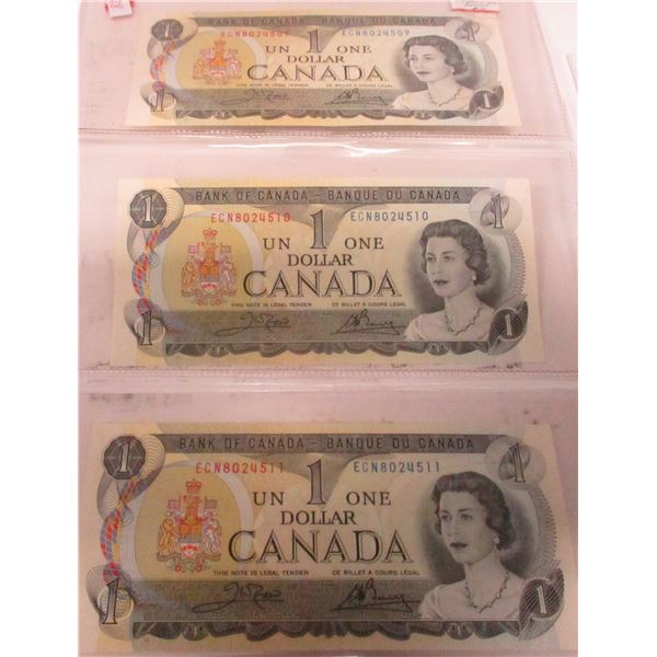 1973 LOT OF THREE SEQUENTIAL SERIAL NUMBER LAST OF CANADA $1 BILLS