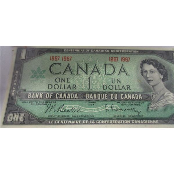 1867 - 1967 CRISP UNCIRCULATED NO SERIAL NUMBER LAST OF CANADA $1 BILL