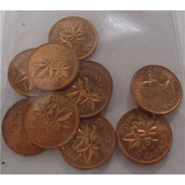 1963 LOT OF 10 UNCIRCULATED LAST OF CANADA PENNIES