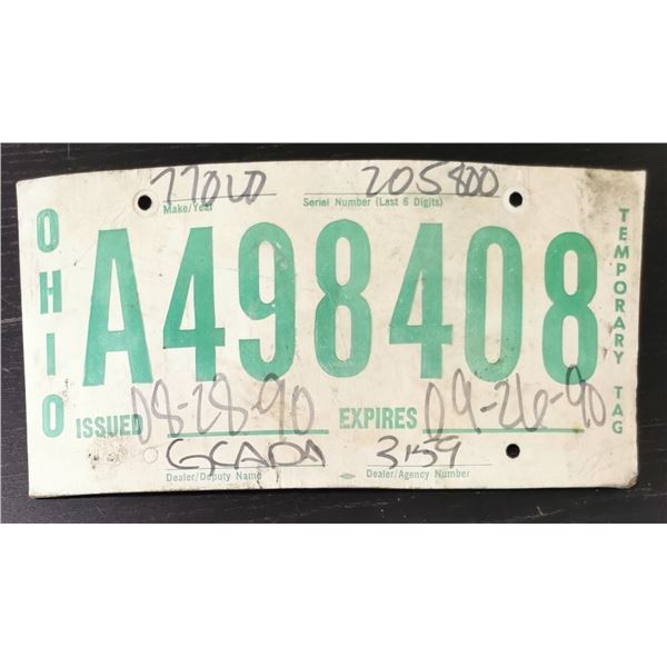 1990 Ohio Temporary License Plate A498408