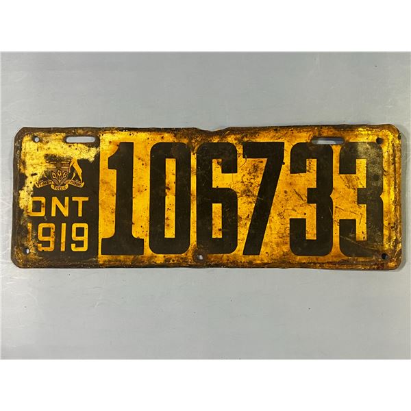 1919 Ontario, Canada Metal License Plate "106733"