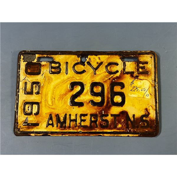1950 Nova Scotia Amherst Bicycle L. Plate "296"