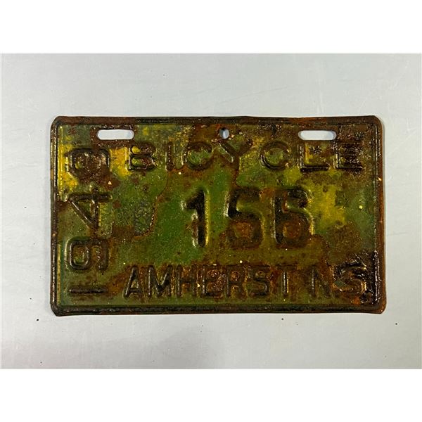1948 Nova Scotia Amherst Bicycle L. Plate "156"