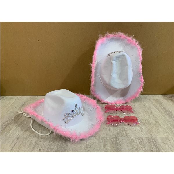 Lot of 2 White & Pink Cowboy Hat With Heart Glasses