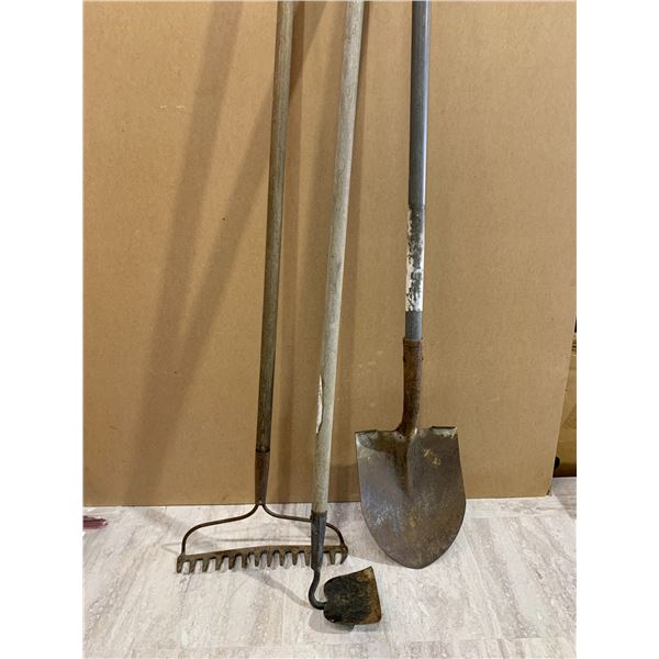 Lot of 3 Gardening Tools - Rake / Hoe / Shovel