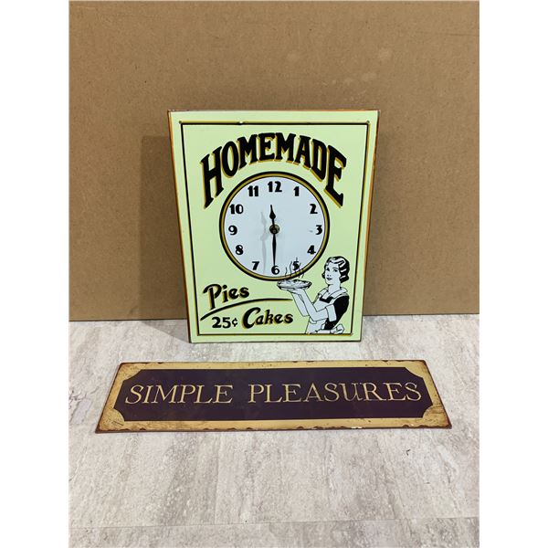 Lot of 2 metal signs, homemade pies and cakes clock, simple pleasures