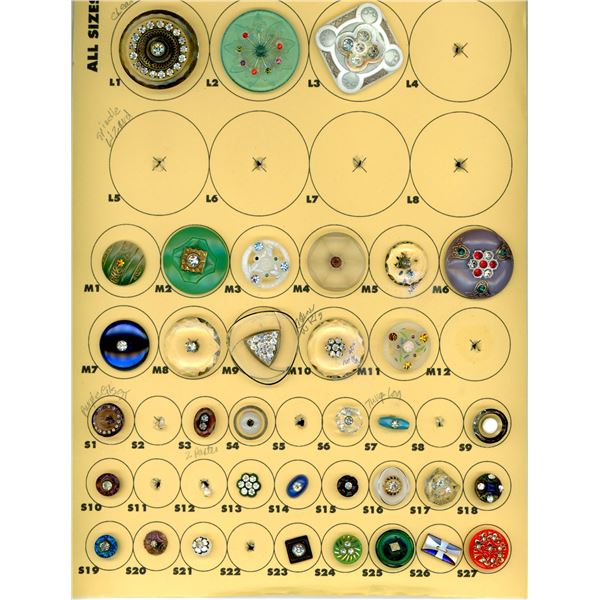 A CARD OF DIVISION ONE AND THREE GLASS BUTTONS