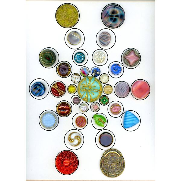 A CARD OF DIVISION THREE GLASS BUTTONS'