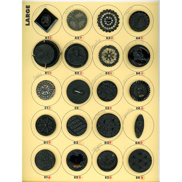 A CARD OF DIVISION ONE BLACK GLASS BUTTONS