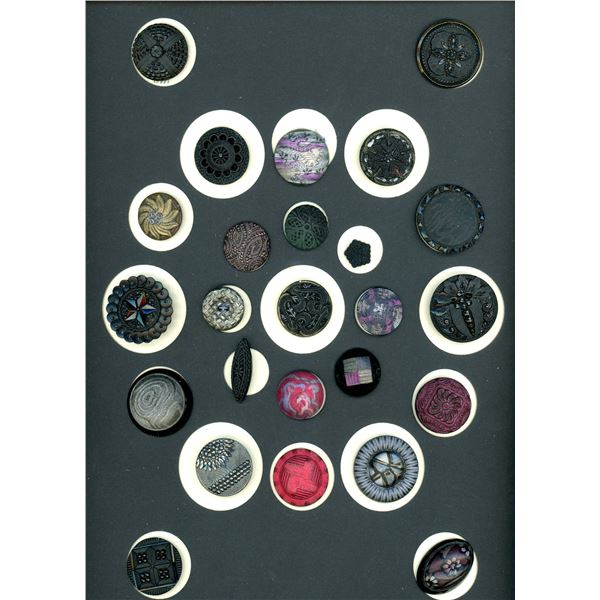 A CARD OF DIVISION ONE ASSORTED BLACK GLASS BUTTONS