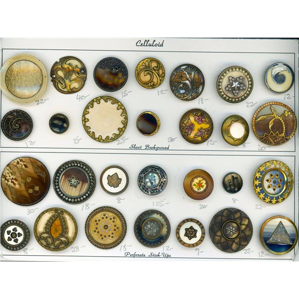 A CARD OF DIVISION ONE ASSORTED CELLULOIOD BUTTONS