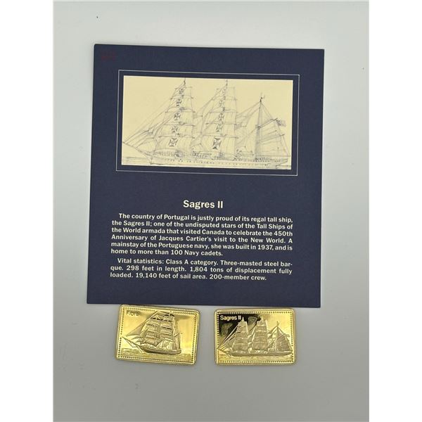 Sagres II & Flora Tall Ships Gold-Plated Silver Bars (Franklin Mint Style)