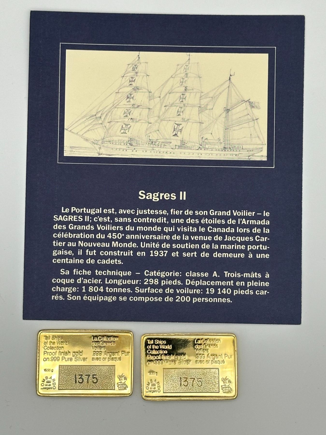 Sagres II & Flora Tall Ships Gold-Plated Silver Bars (Franklin Mint Style)