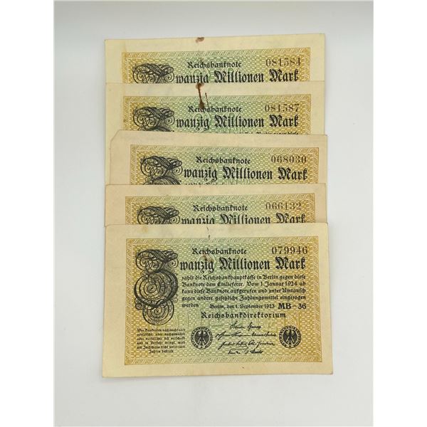 German Hyperinflation Banknotes – 20 Millionen Mark (5 pcs)