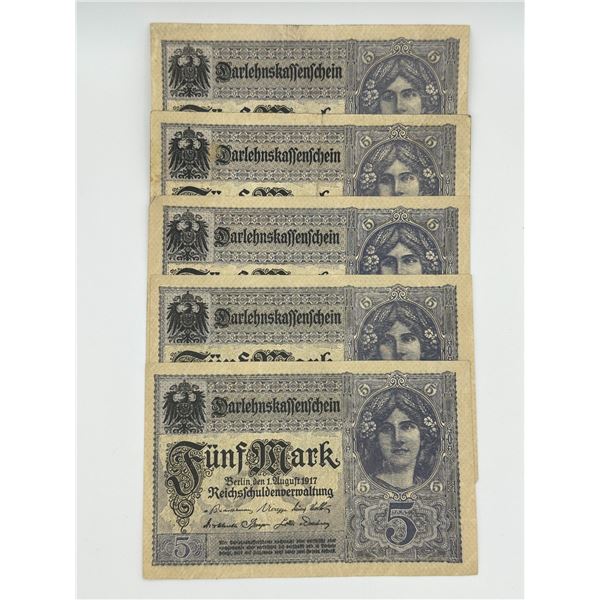 Germany 5 Mark 1917 Notes (5 pcs)