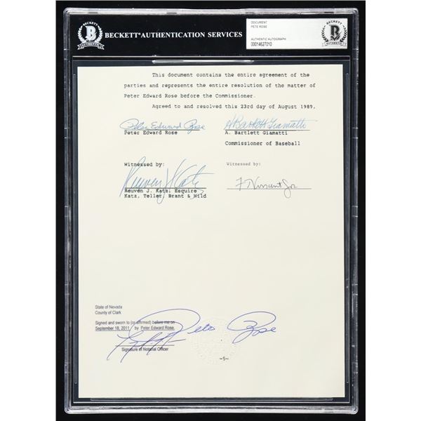 PETE ROSE SIGNED BANNED FROM BASEBALL OFFICIAL DOCUMENT - BECKETT COA AND ENCAPSULATED