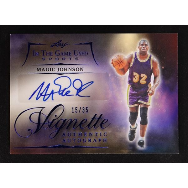 2025 LEAF IN THE GAME USED MAGIC JOHNSON SIGNED TRADING CARD 15/35