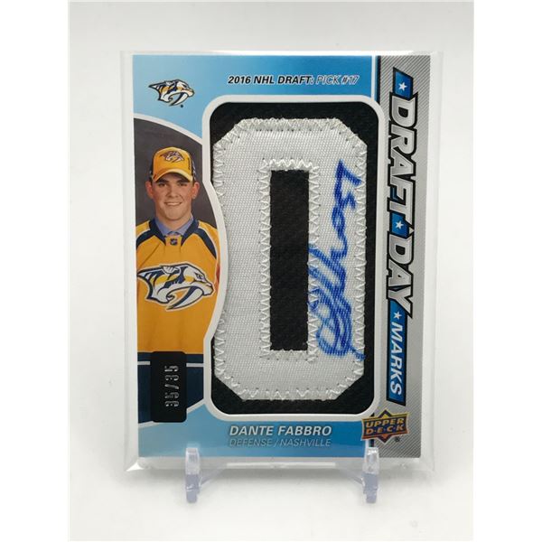 2019-20 UPPER DECK SP GAME USED HOCKEY DRAFT DAY DANTE FABBRO SIGNED PATCH TRADING CARD 35/35