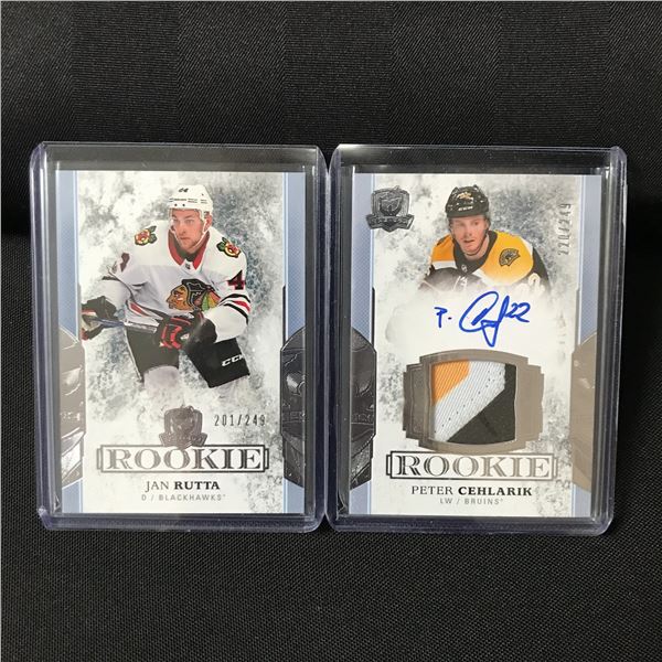 LOT OF 2 2017-18 UPPER DECK THE CUP HOCKEY ROOKIE TRADING CARDS INCLUDING ONE SIGNED PATCH