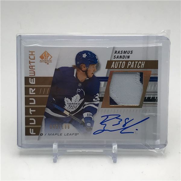2019-20 UPPER DECK SP AUTHENTIC HOCKEY RASMUS SANDIN SIGNED PATCH TRADING CARD 043/100